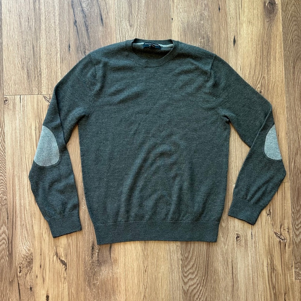 Banana Republic Mens Merino Wool Crewneck Sweater Green Elbow Patches Size M